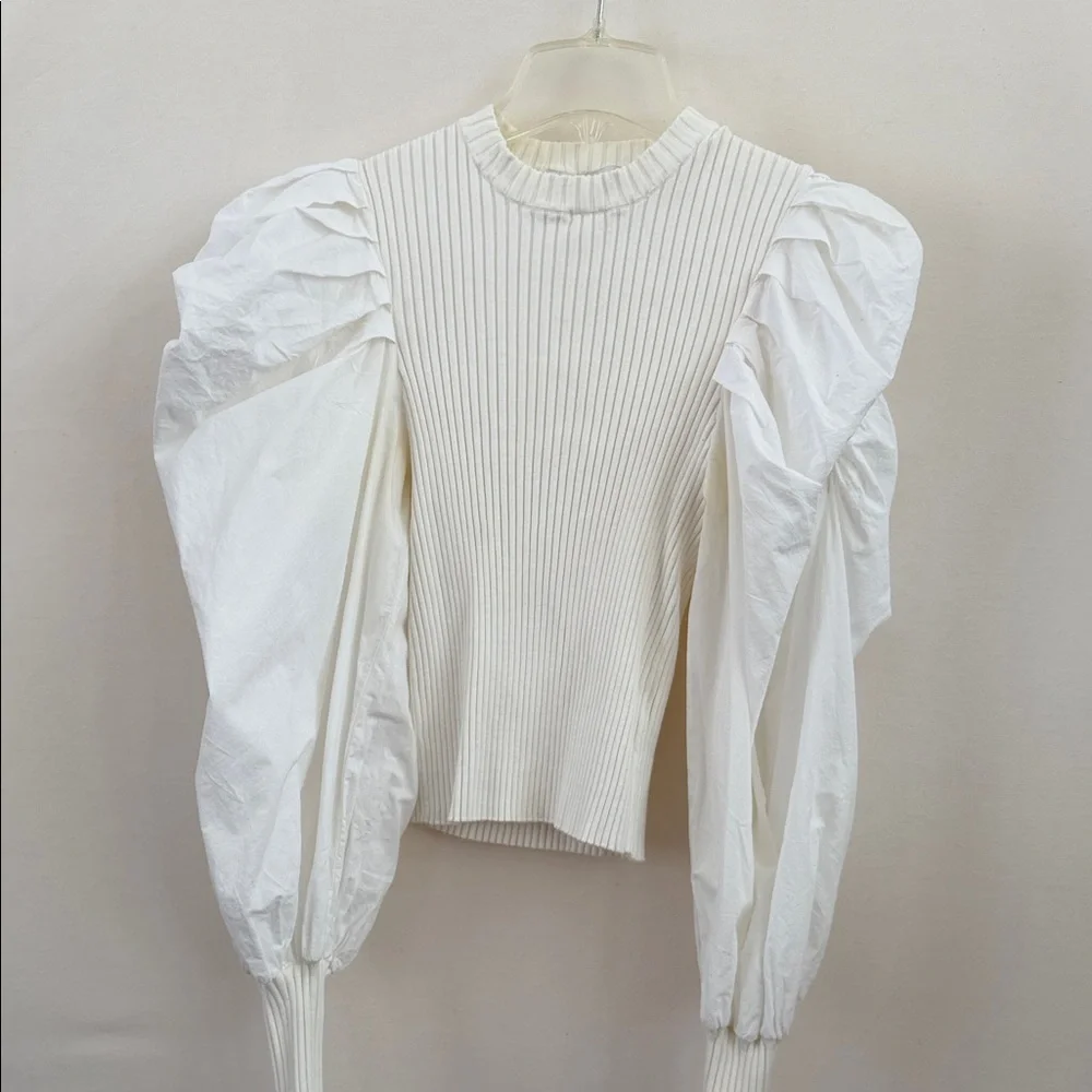 Zara White Ribbed Puff Sleeve Blouse